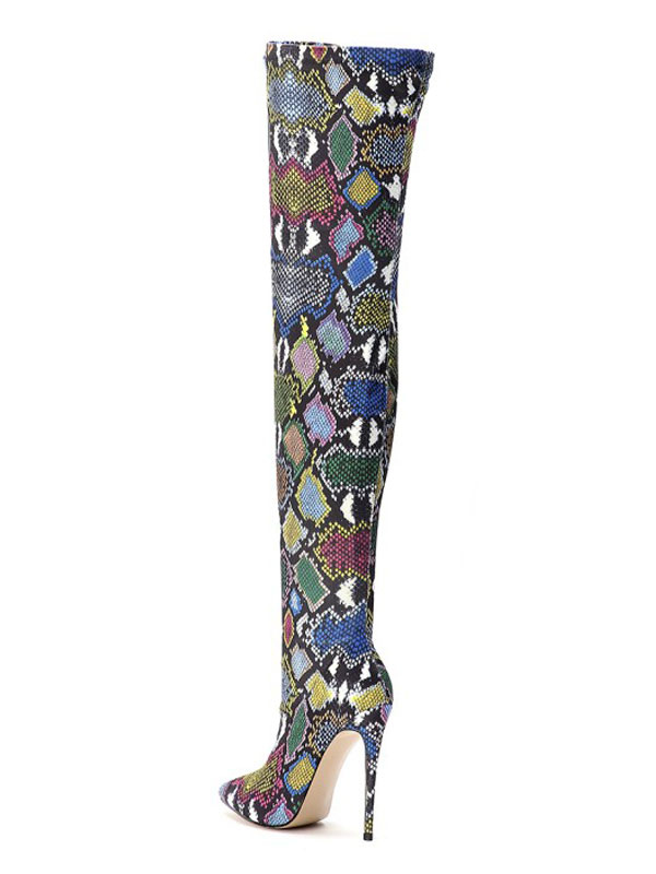 Over The Knee Boots Green Pointed Toe Snake Print Stiletto Heels Winter ...