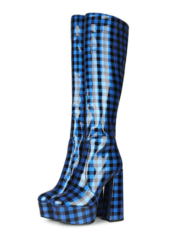 Zapatos de Mujer | Botas hasta la rodilla Azul punta redonda Tacón grueso Patrón a cuadros Tacón alto Botas de invierno - HK24952