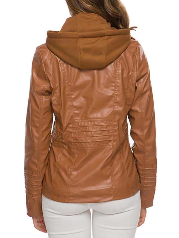 Women Winter Jackets Brown Hooded Drawstring Long Sleeve Leather