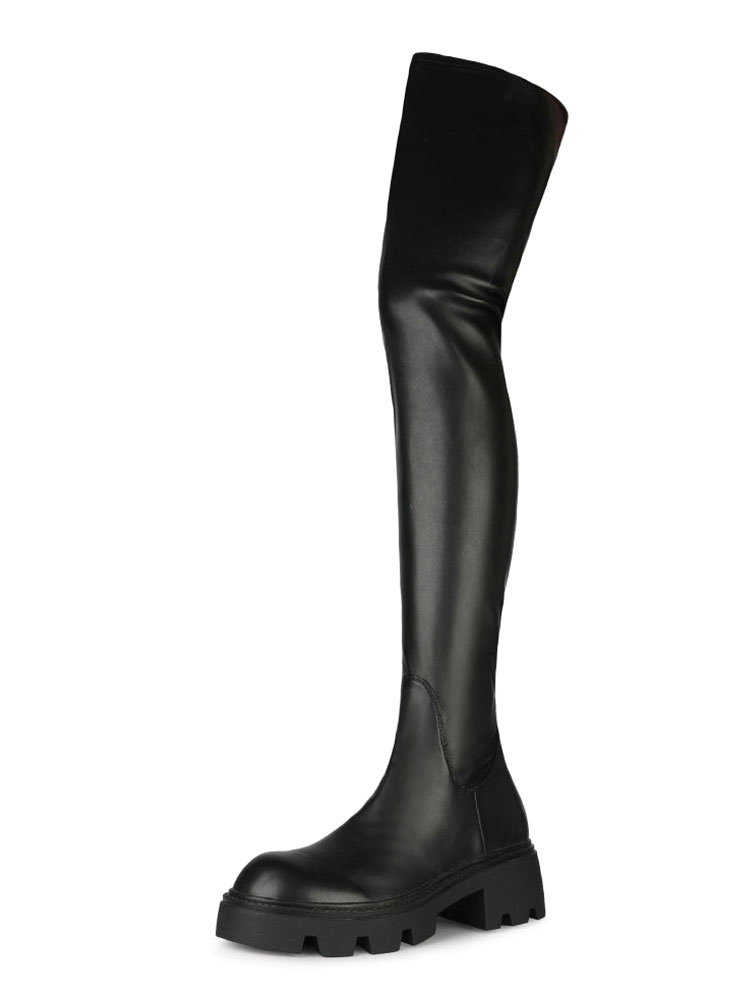 Zapatos de Mujer | Botas sobre la rodilla Negro Cuero de la del dedo del pie redondo de alta del muslo botas para las mujeres - MD46675
