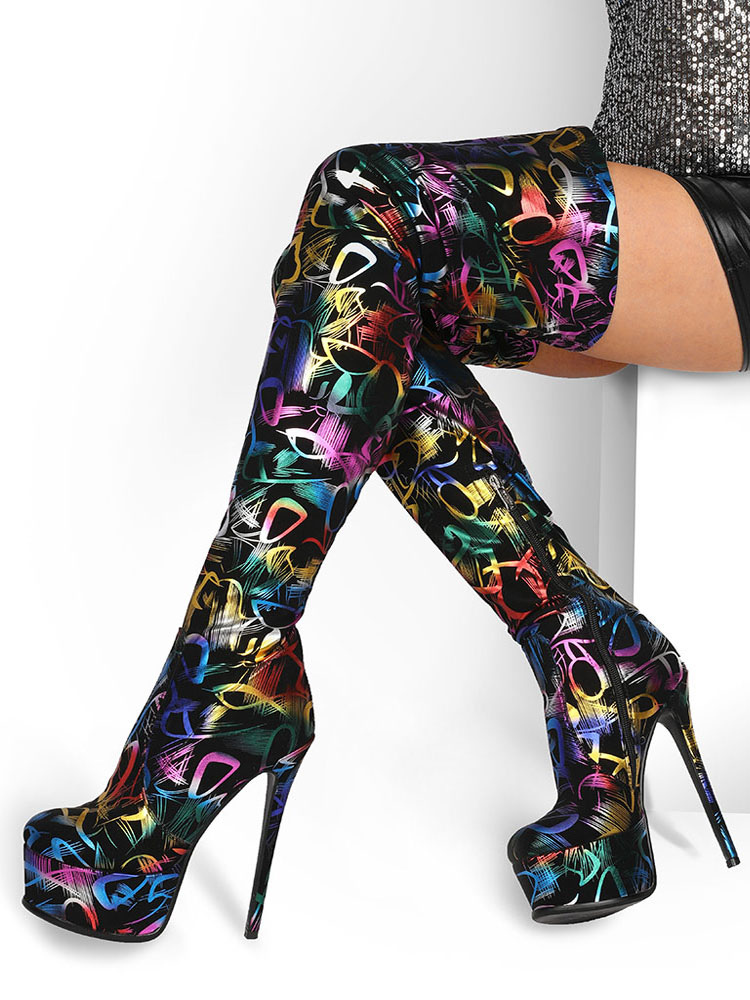 printed thigh high boots