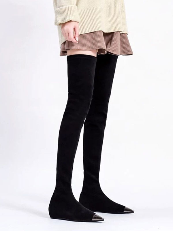 Over The Knee Boots Suede Black Pointed 