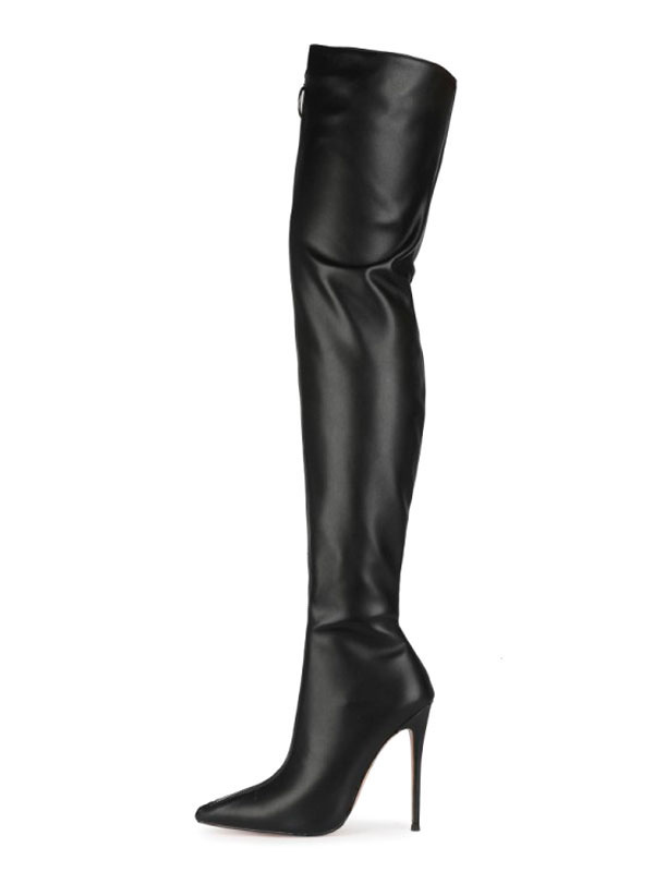 Knee Boots Black Pointed Toe Zip 