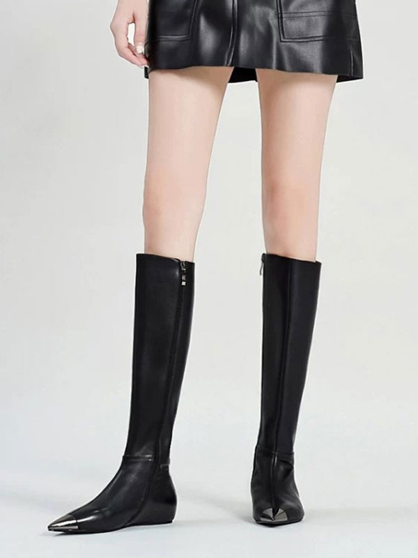 Knee High Boots Black Pointed Toe Flat 