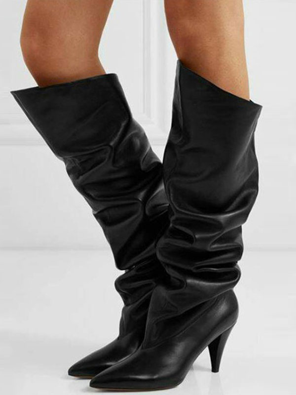 Knee High Boots Black Leather Pointed 