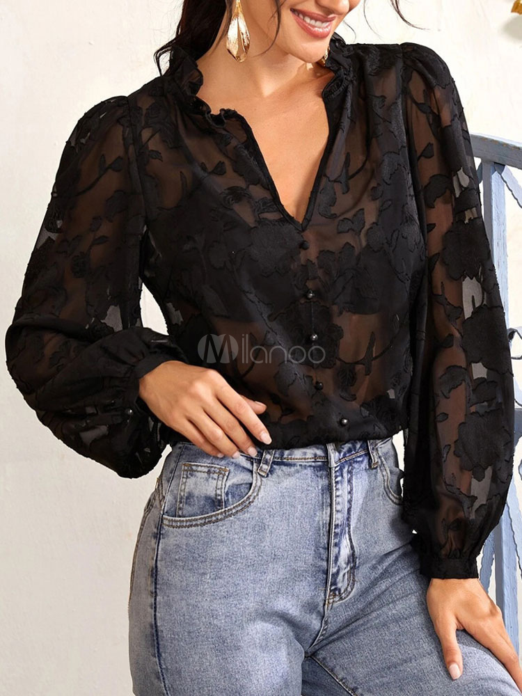 para donar tinción Controversia Blusa para mujer Camisas casuales de manga larga de encaje informal  transparente con cuello en V de gasa negra - Milanoo.com