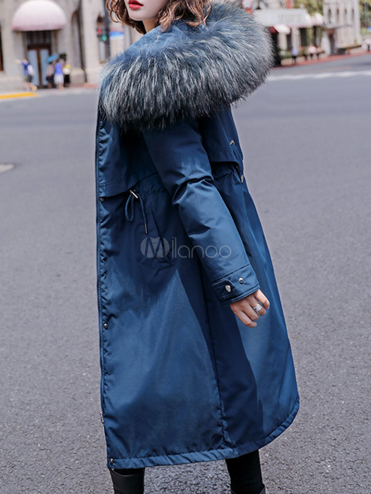 Women Parka Coats Ecru White Fur Hooded Long Sleeve Drawstring Maxi