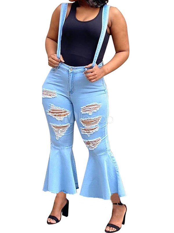 Jeans Para Mujer Vaquero Denim Cintura Casual Natural Jeans Rasgados Pantalones Acampanados Milanoo Com