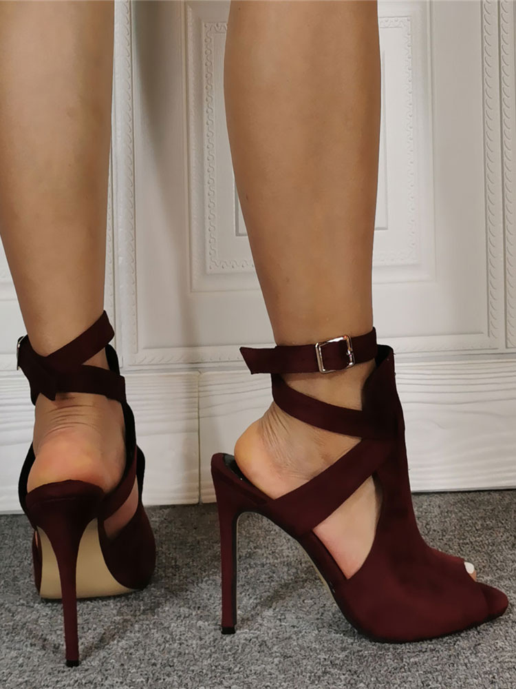 Burgundy Summer Boots Suede Peep Toe Cut Out Ankle Strap High Heel ...