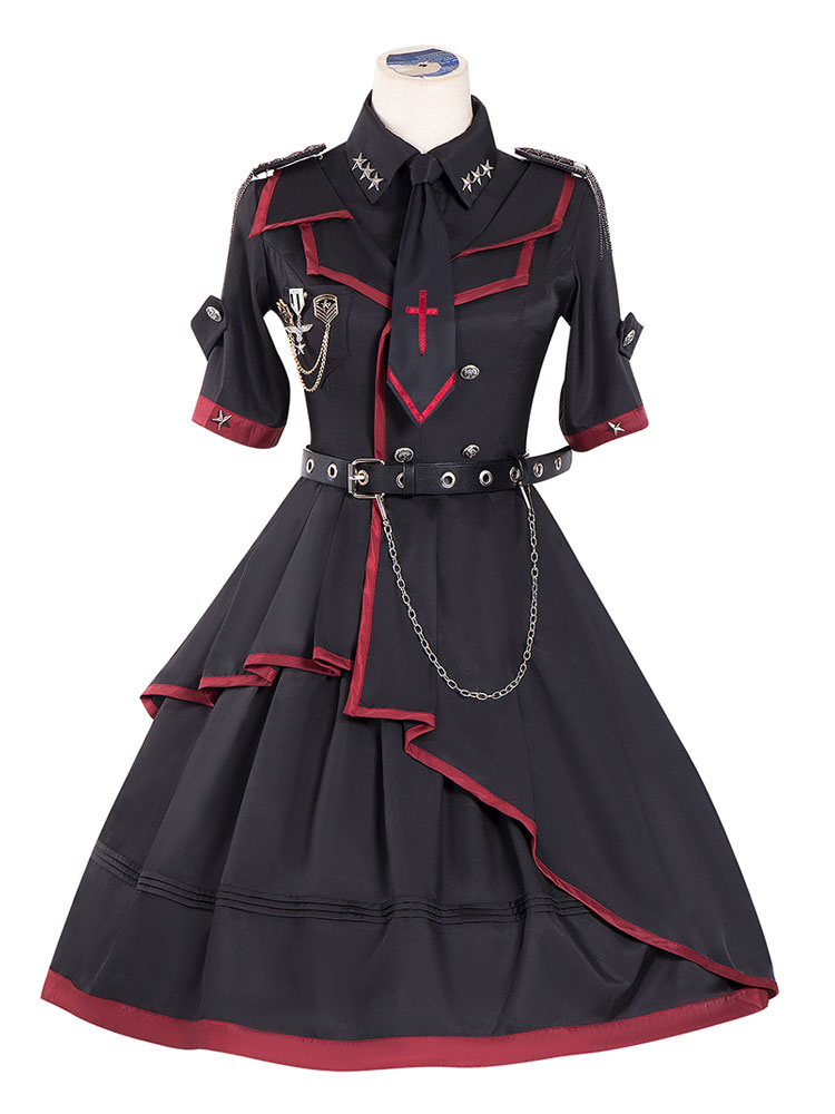 Military Style Lolita OP Dress 3 Pieces Set Black Chains Rivets Gothic