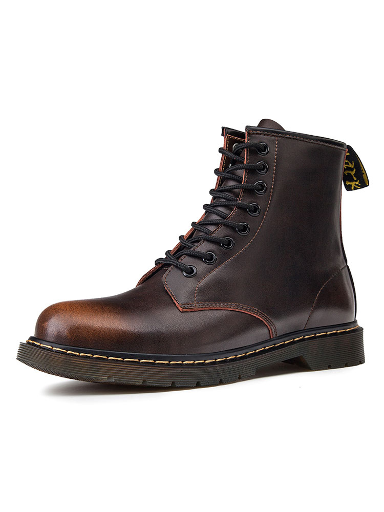 Boots For Men Brown Leather Round Toe 