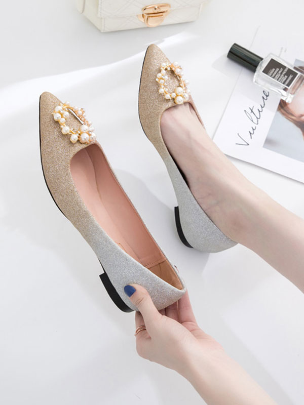 Shoes Occasion Shoes | Women Evening Shoes Pink Sequined Cloth Pointed Toe Ombre Chunky Heel Pearls Party Shoes - BK81103