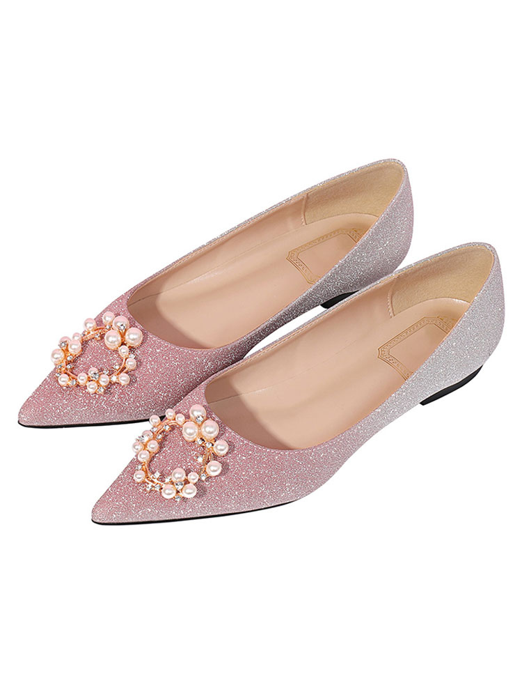 Shoes Occasion Shoes | Women Evening Shoes Pink Sequined Cloth Pointed Toe Ombre Chunky Heel Pearls Party Shoes - BK81103