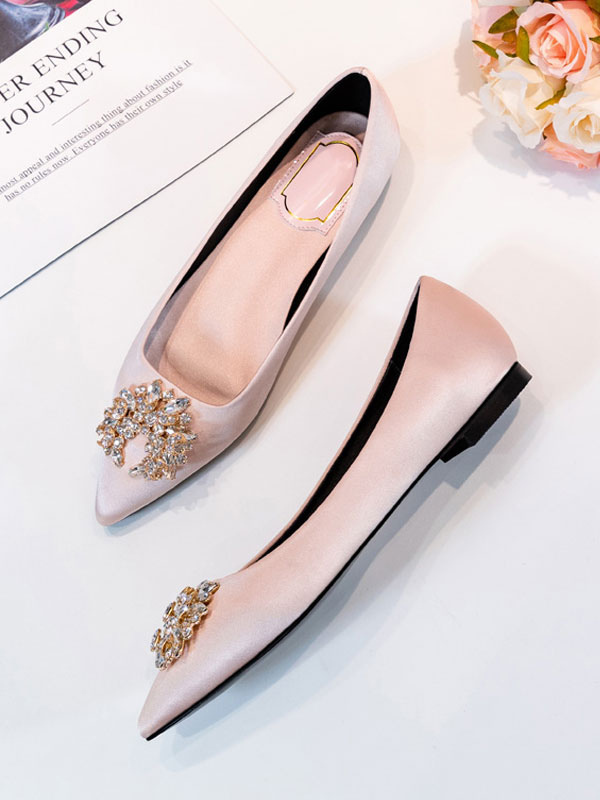 Shoes Occasion Shoes | Evening Shoes Light Apricot Satin Pointed Toe Chuncky Heel Metal Details Evening Flats Party Shoes - SQ87