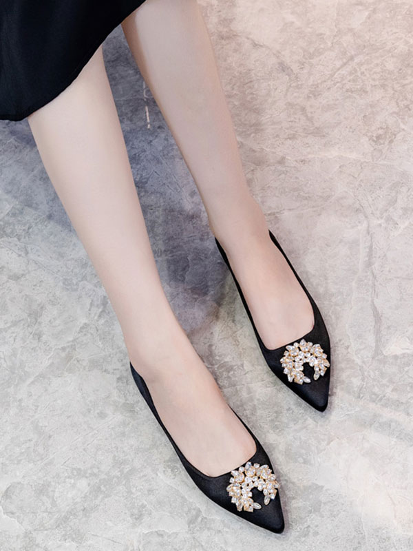 Shoes Occasion Shoes | Evening Shoes Light Apricot Satin Pointed Toe Chuncky Heel Metal Details Evening Flats Party Shoes - SQ87