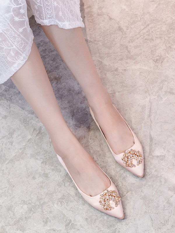 Shoes Occasion Shoes | Evening Shoes Light Apricot Satin Pointed Toe Chuncky Heel Metal Details Evening Flats Party Shoes - SQ87