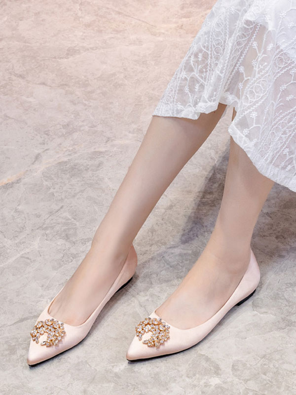 Shoes Occasion Shoes | Evening Shoes Light Apricot Satin Pointed Toe Chuncky Heel Metal Details Evening Flats Party Shoes - SQ87