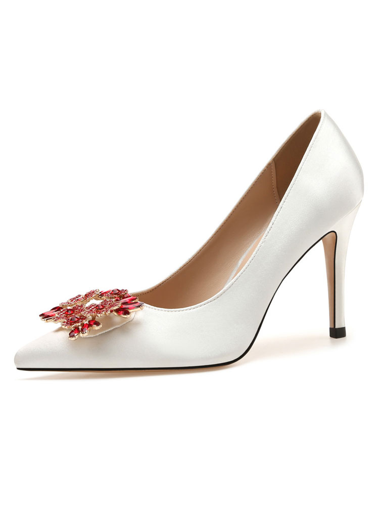 Zapatos de Fiesta | Zapatos de fiesta para mujer, rojo, puntiagudo, diamantes de imitación, tacones altos, bombas de noche de satén - SL28979