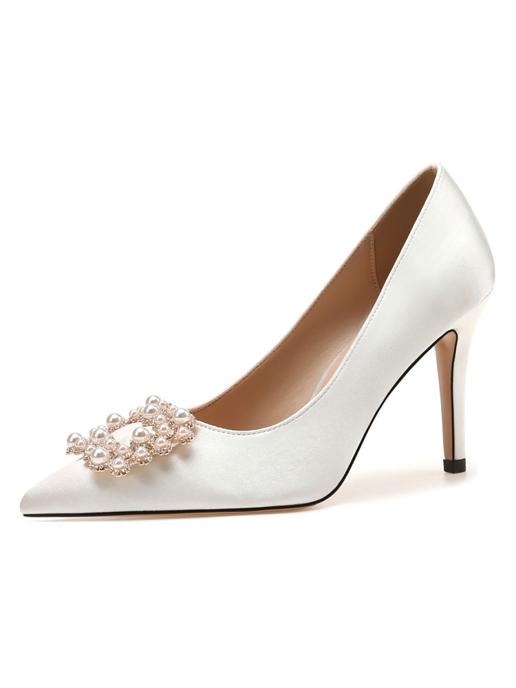 Zapatos de Fiesta | Zapatos de noche para mujer Zapatos de fiesta de satén con perlas blancas en punta - PC62663