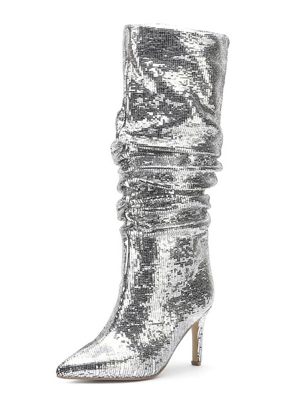 Knee-High Boots Sequined Cloth Silver Pointed Toe Stiletto Heel Knee ...