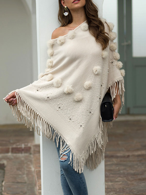 Moda Mujer Chaquetas | Poncho de mujer con cuello joya capa de flecos en capas de albaricoque - JI88367