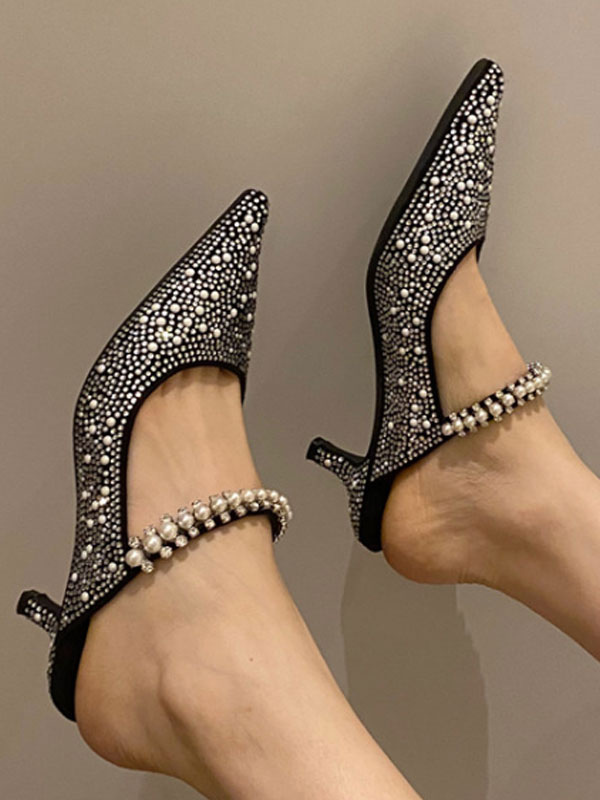 Mules Black Pointed Toe Kitten Heel Micro Suede Upper Pearls Hollow Out
