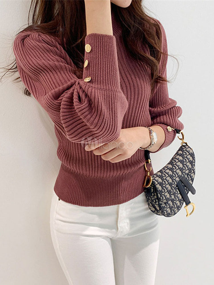 Pullover per donna Maglioni a maniche lunghe con collo gioiello e bottoni  rosso mattone - Milanoo.com