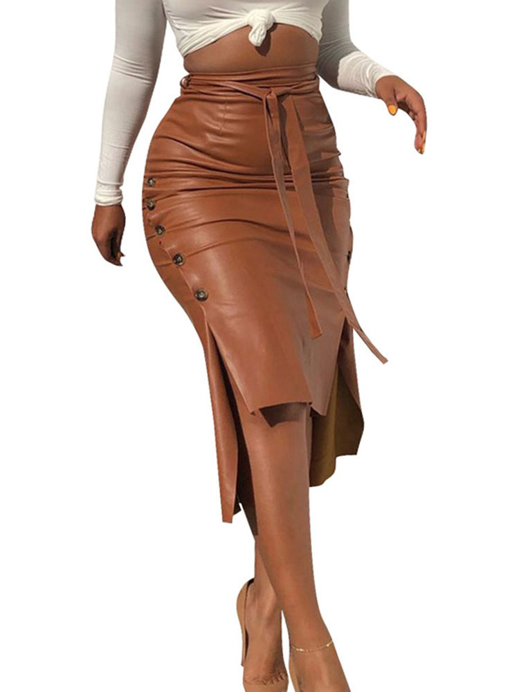 Moda Mujer Mujeres Botones | Falda de mujer café marrón con cordones de cuero de hasta la mitad de la pantorrilla, bodycon irregular, parte inferior de mujer - LU42095
