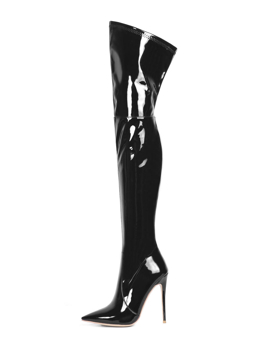 Zapatos de Mujer | Botas por encima de la rodilla Cuero de Botas altas negras de tacón de aguja con punta en punta - LG16865