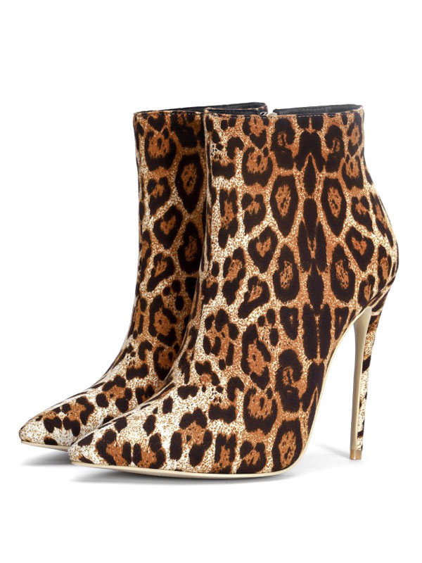 Women Ankle Boots Pointed Toe Leopard Print Stiletto Heel Micro Suede ...