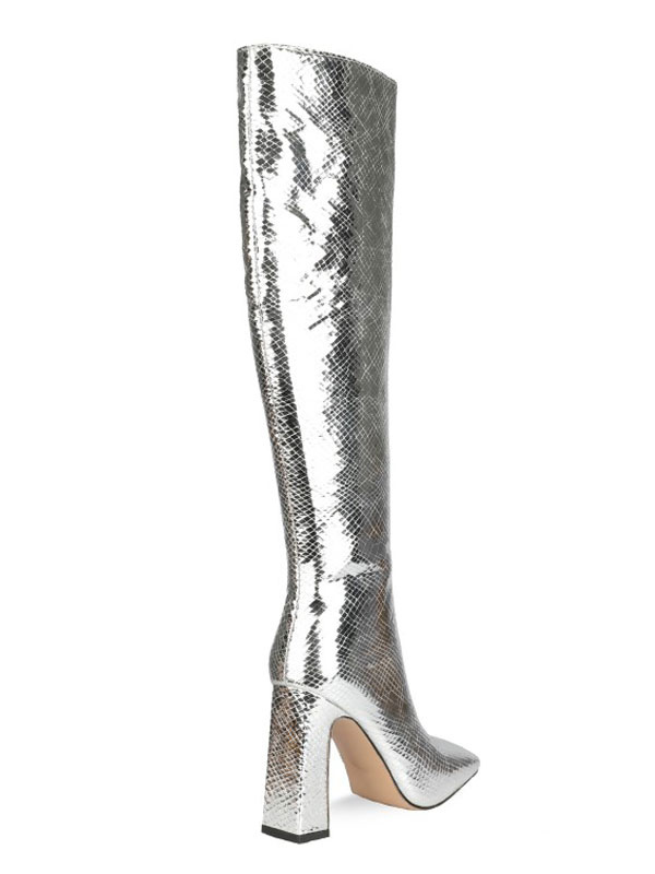 Knee-High Boots Silver Square Toe Snake Print Chunky Heel Bright ...