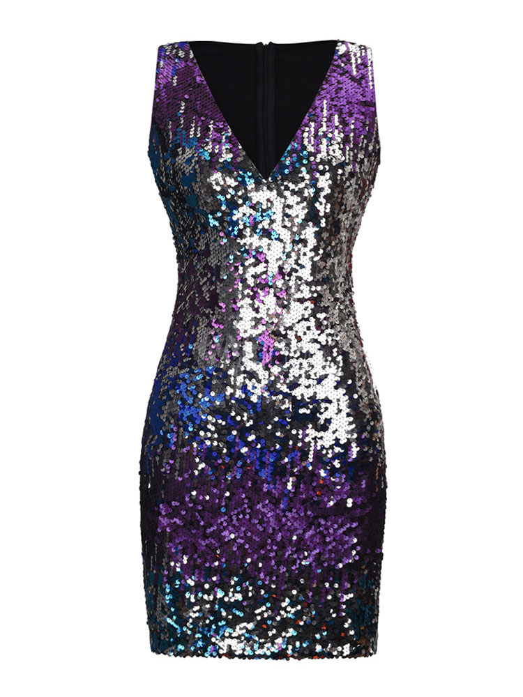 Club Dress For Women Purple V-Neck Sequined Ombre Bodycon Dress Sexy ...