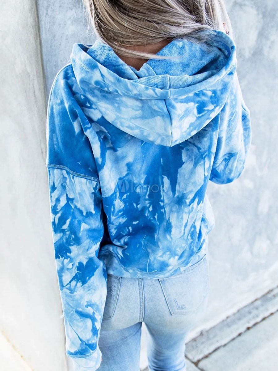 Sweat Shirt à Capuche Pour Femme En Coton Imprimé Tie Dye Bleu Marine