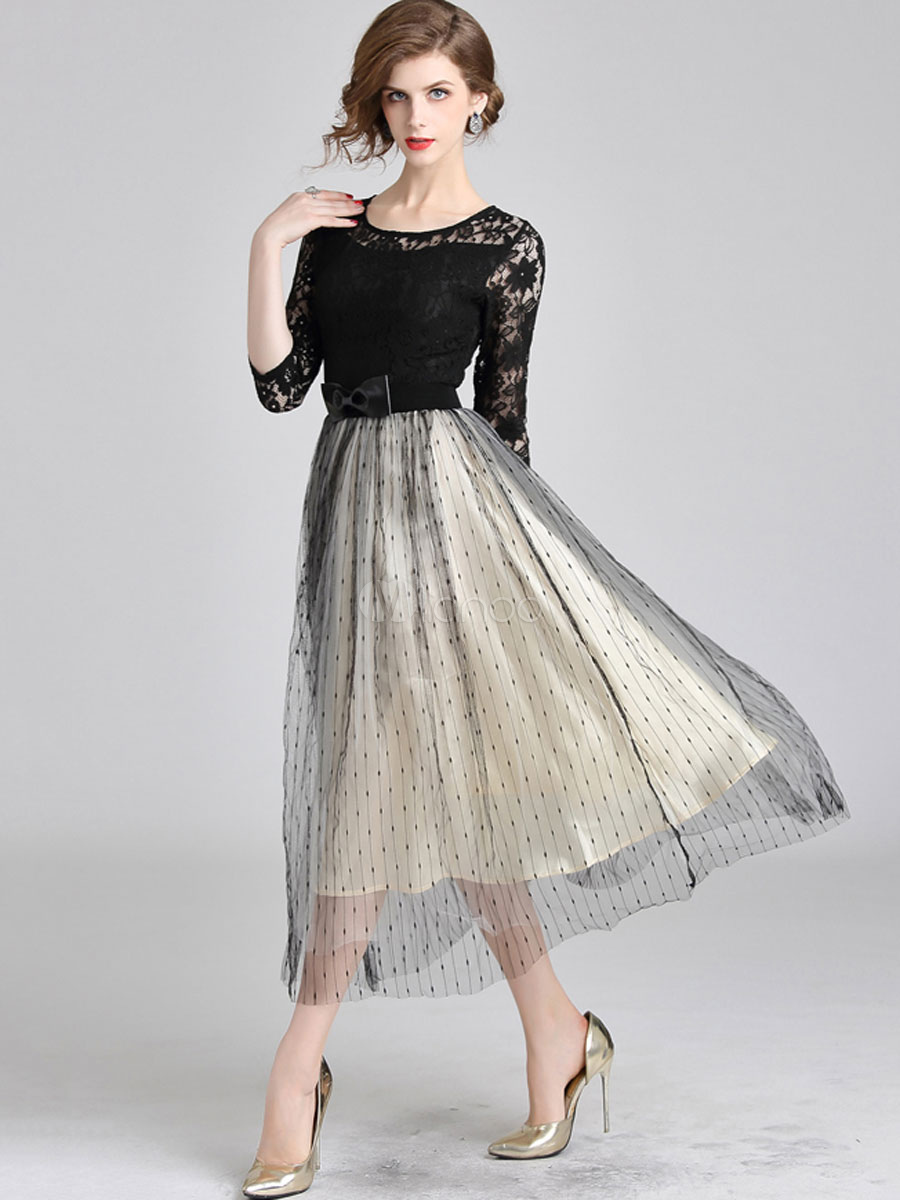 Vestidos de fiesta para mujer Vestido semiformal con lazo de cuello joya  negro - Milanoo.com