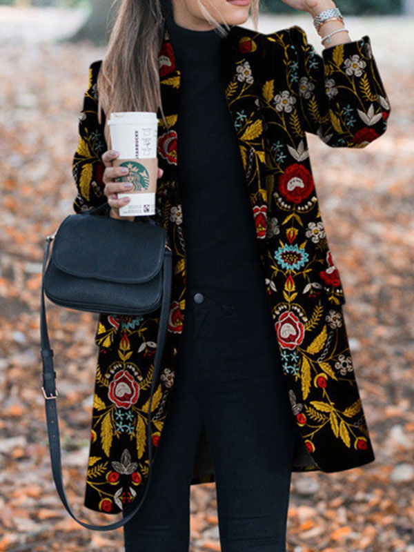 Black coat 2025 with embroidered flowers