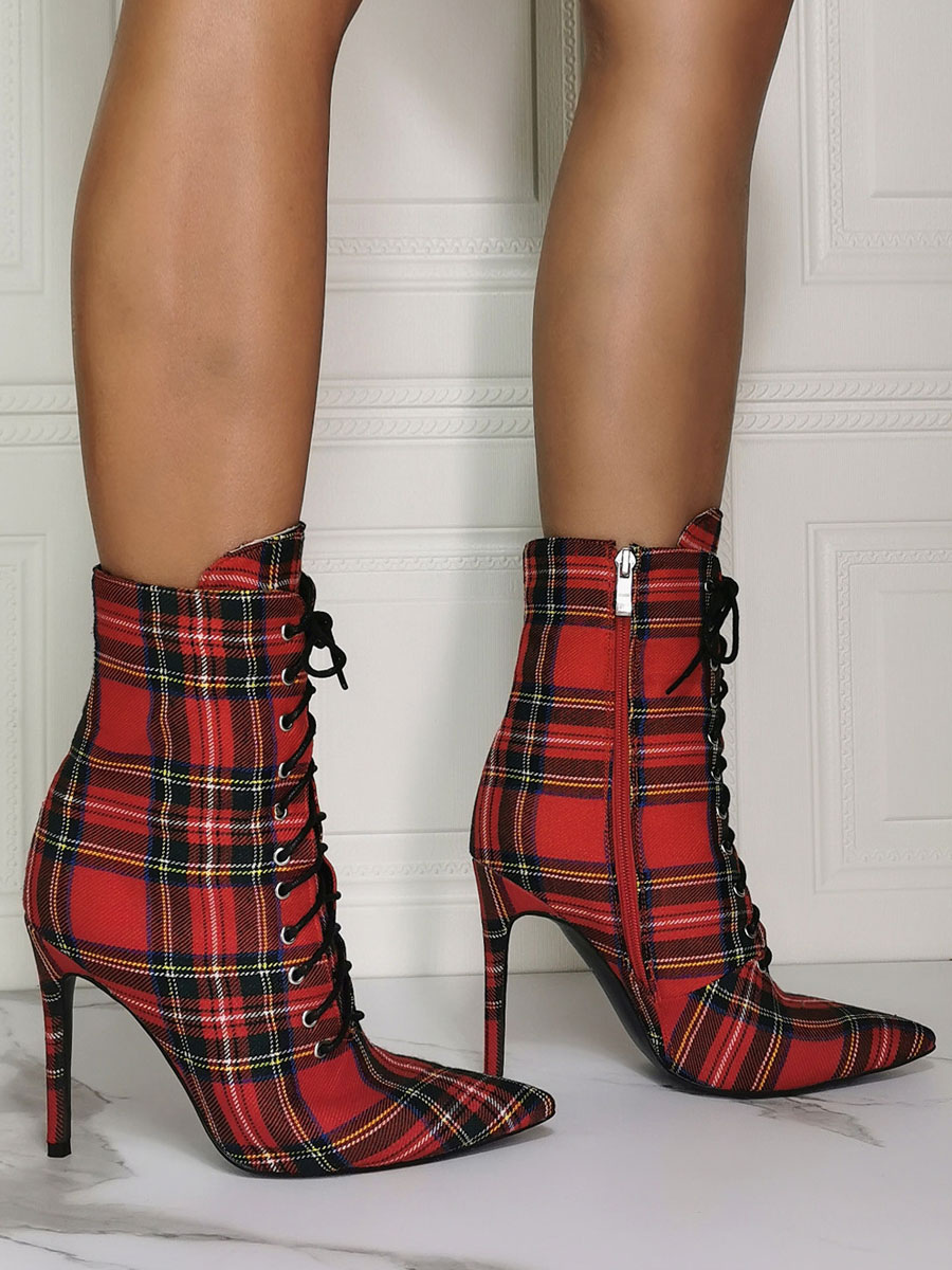 Zapatos de Mujer | Botines de mujer Botines de lona rojos Punta puntiaguda Tacón de aguja Sky High Botines de pata de gallo - HA64538