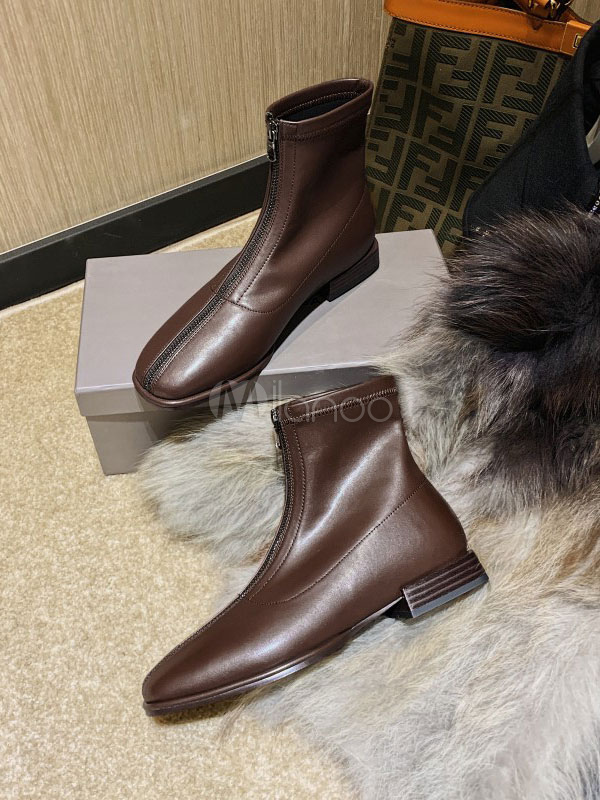 leather square toe flat ankle boots