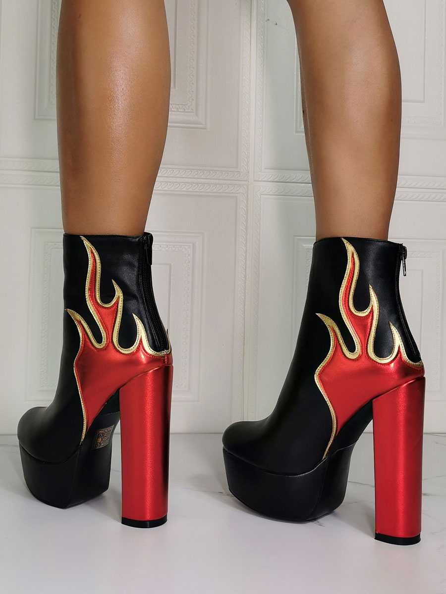 Women Ankle Boots Black Leather Chunky Heel Sky High Fire Print Stilett ...
