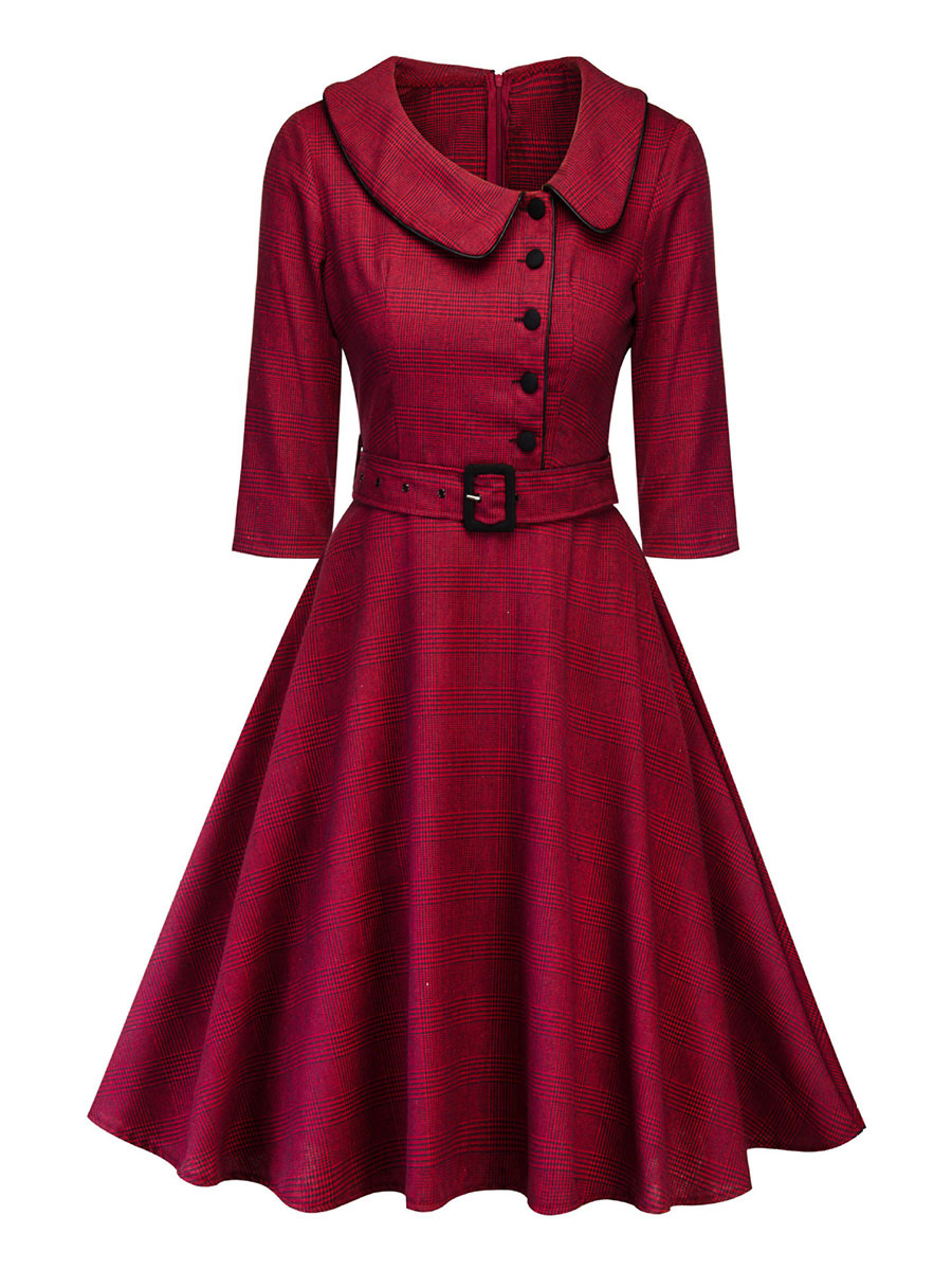 Moda Mujer Vestidos | Vestido vintage de los años 50, rojo a cuadros, con cordones, medias mangas, cuello Peter Pan, vestido rockabilly - IP50661