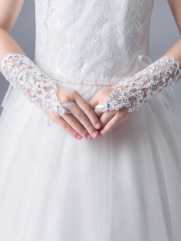 Boda Accesorios de boda | Guantes de una muchacha de flor guantes blancos diamantes de imitación de vacaciones - NH14924