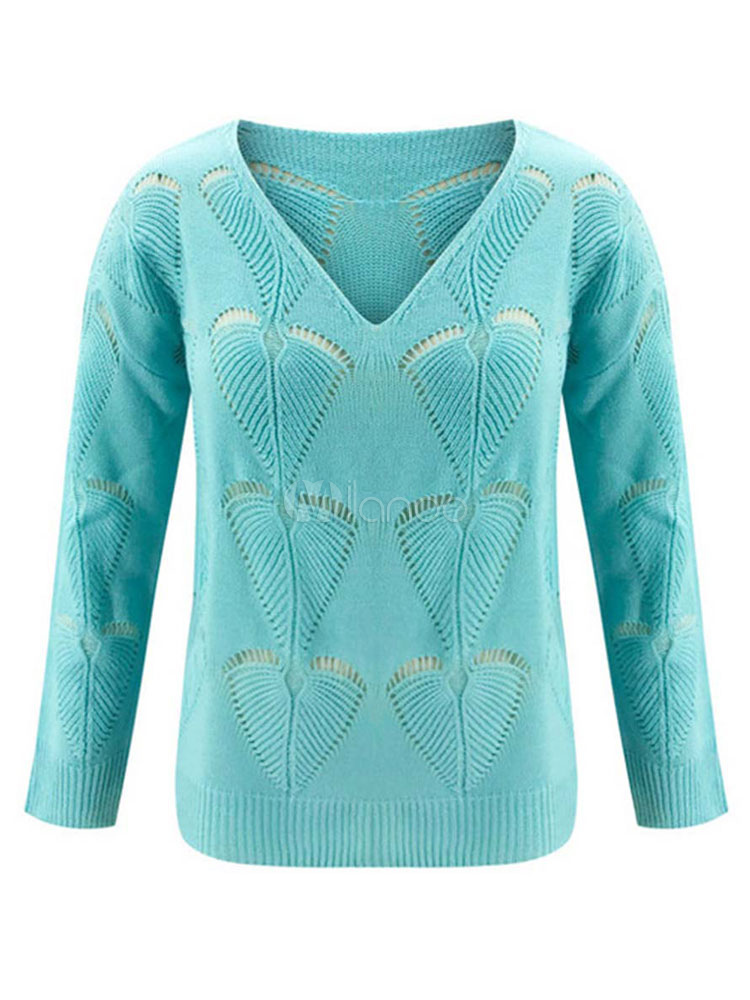 Pullovers For Women Cyan Blue Cut Out V-Neck Long Sleeves Cotton Blend