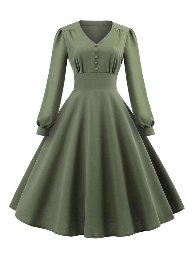 Vestido retro de mujer de los años 50 con cuello V abotonado vestido largo de manga larga - Milanoo.com