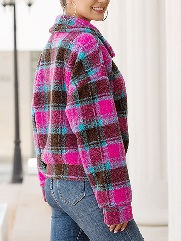 Manteaux en fausse fourrure manches longues d?�contract?� ?� carreaux bloc de couleur marron clair 