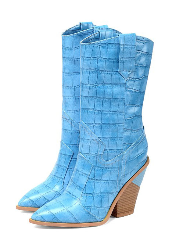 Zapatos de Mujer | Botas a media pierna para mujer Botas con estampado de piel de serpiente en punta en punta azul cielo claro - AZ70982