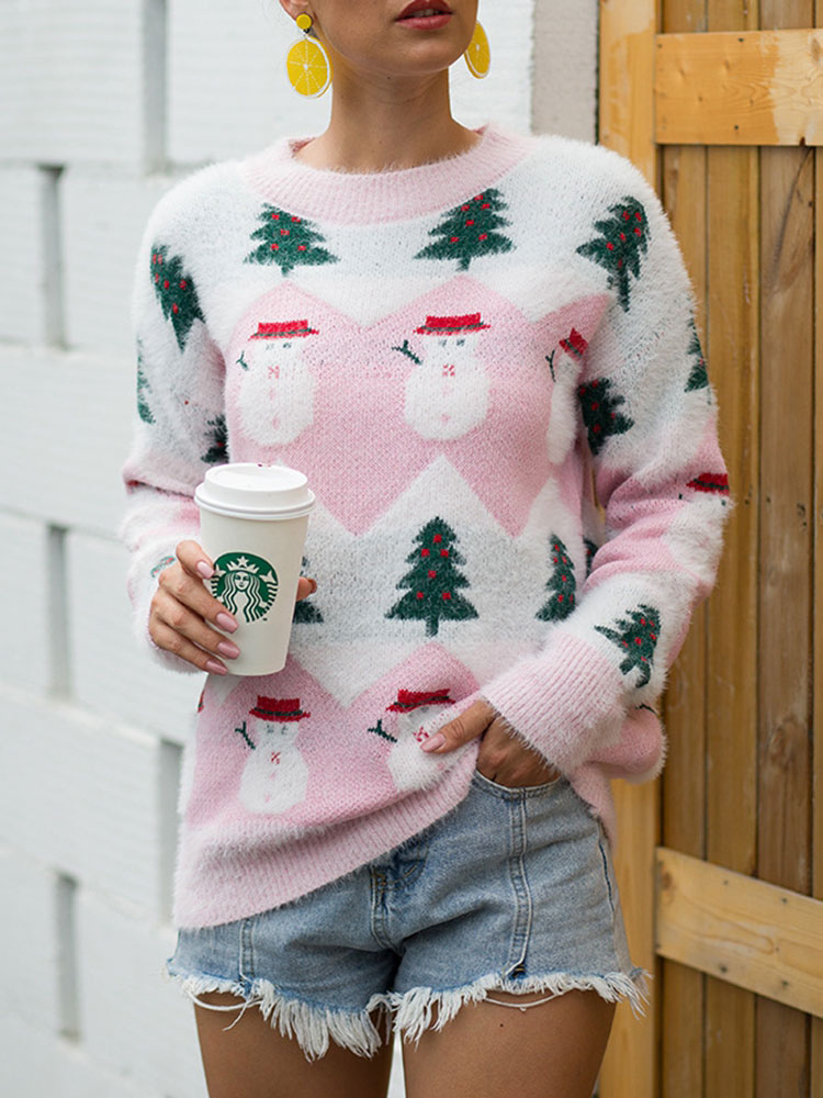 Women Pullover Sweater Pink Christmas Pattern Jewel Neck Long Sleeves