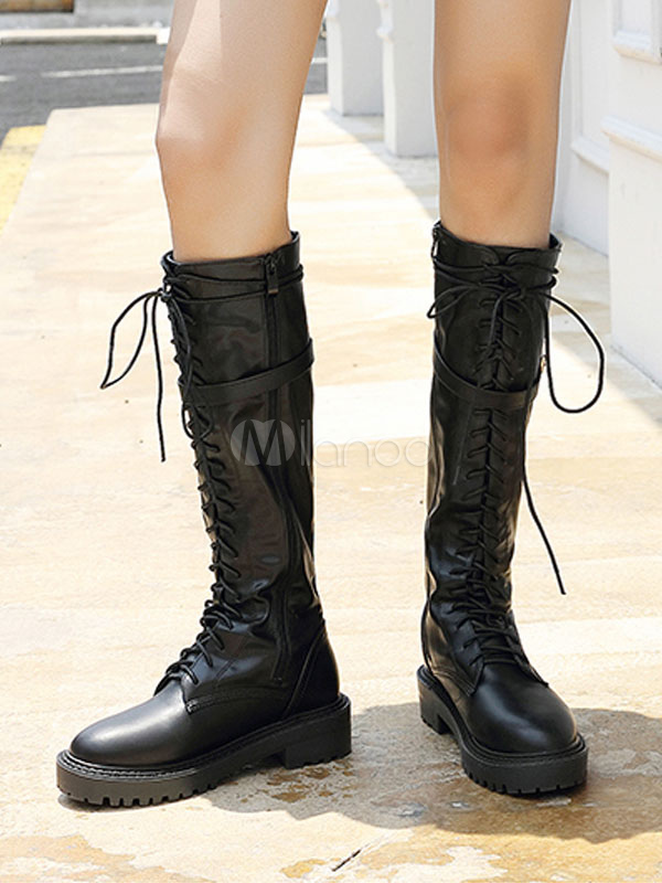 Combat Womens Lace Up Knee High Riding Boots Flat Leather Casual Shoes Round Toe