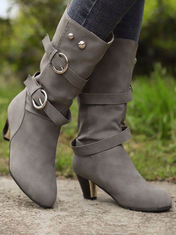 Women Mid Calf Boots Grey Round Toe 