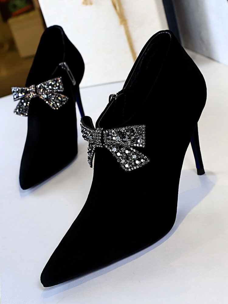 Women Ankle Boots Black Suede Pointed Toe Rhinestones Bow High Heel ...