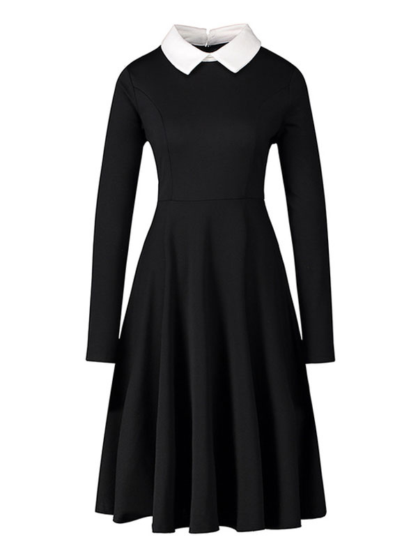 Mode Femme Robes | Robes de Vintages 1950s Femmes Courtes à Col Revers avec Manches Longues Coupe Cintrée Bas Evasée Unicolore - MO42760