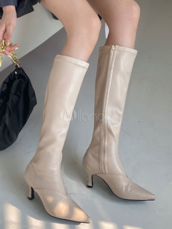 Women Knee High Boots Leather Apricot 